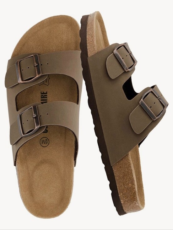 Cushionaire Shoes - CUSHIONAIRE Lane Cork Footbed Double Buckle Slide Sandals Brown–Women's Size 10W